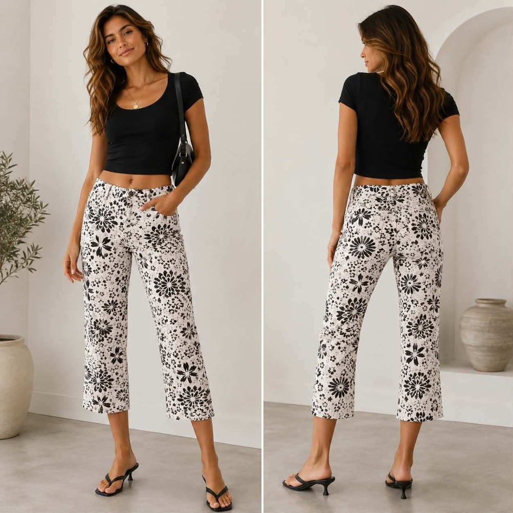 Calvin Klein Jeans Womens 10 Floral Print Denim Cropped Straight Leg Pants Black